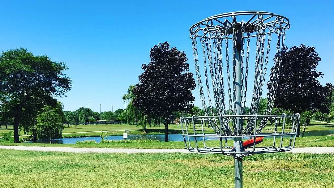 A disc golf basket at Madison Meadow Park, with the park's pond and trees behind it